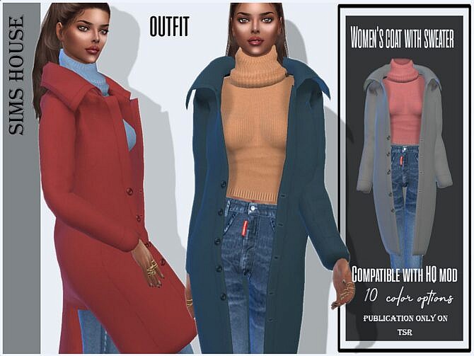Sims 4 Coat with sweater and jeans outfit by Sims House at TSR