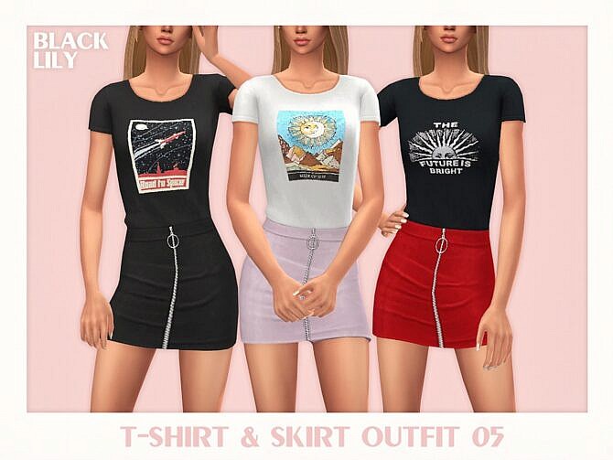 Sims 4 T Shirt & Skirt Outfit 05 by Black Lily at TSR
