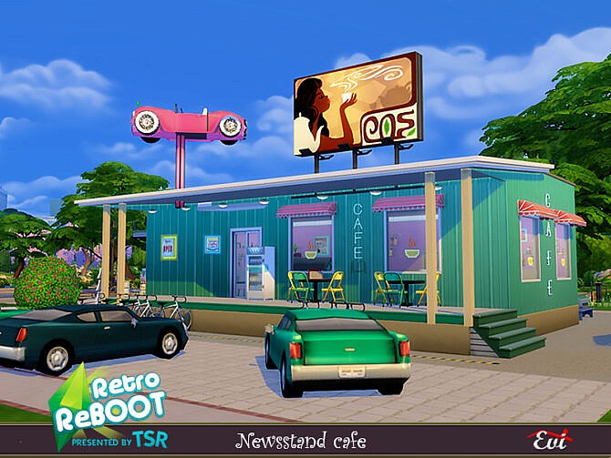Sims 4 Retro Newsstand cafe by evi at TSR