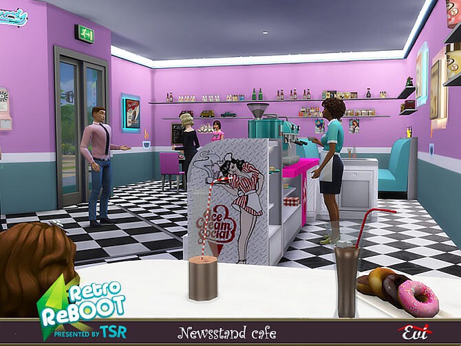 Sims 4 Retro Newsstand cafe by evi at TSR