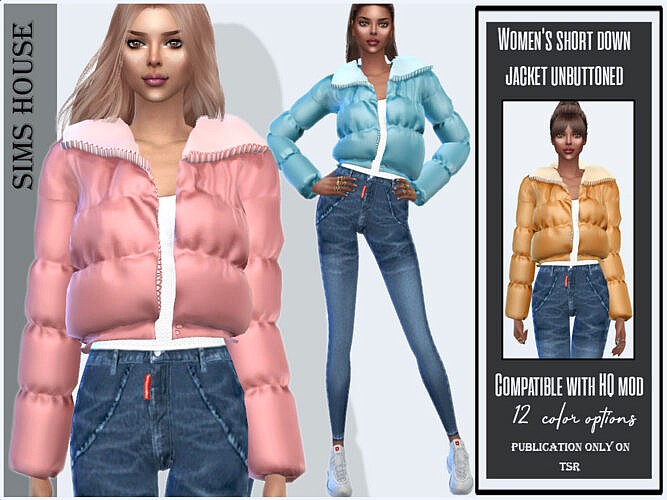 Women's short down jacket unbuttoned by Sims House at TSR » Sims 4 Updates