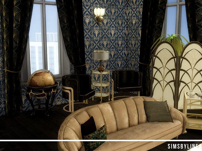 Sims 4 Retro Dark Art Deco Living Room by SIMSBYLINEA at TSR