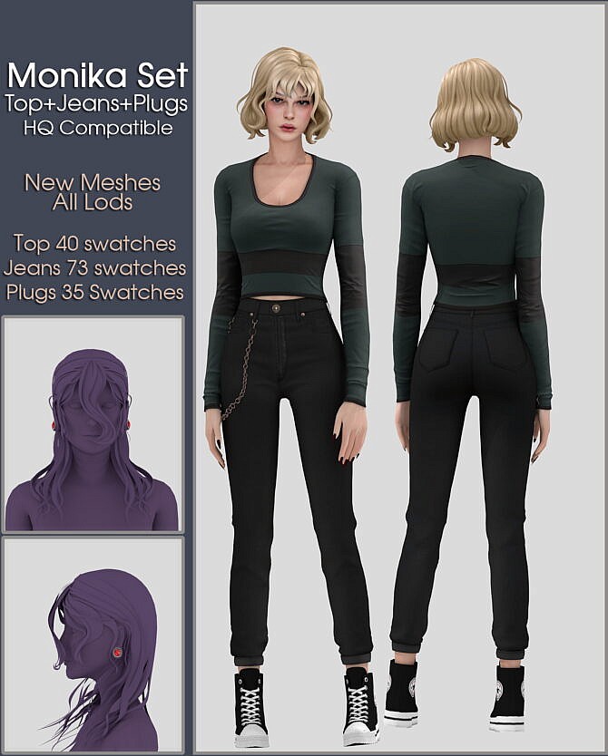 Sims 4 Monika Set: Top, Jeans + Plugs at Gisheld
