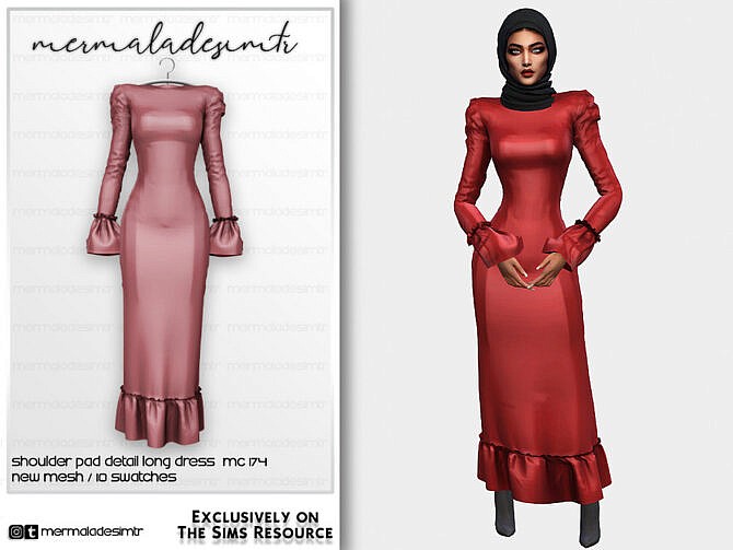 Sims 4 Shoulder Pad Detail Long Dress MC174 by mermaladesimtr at TSR