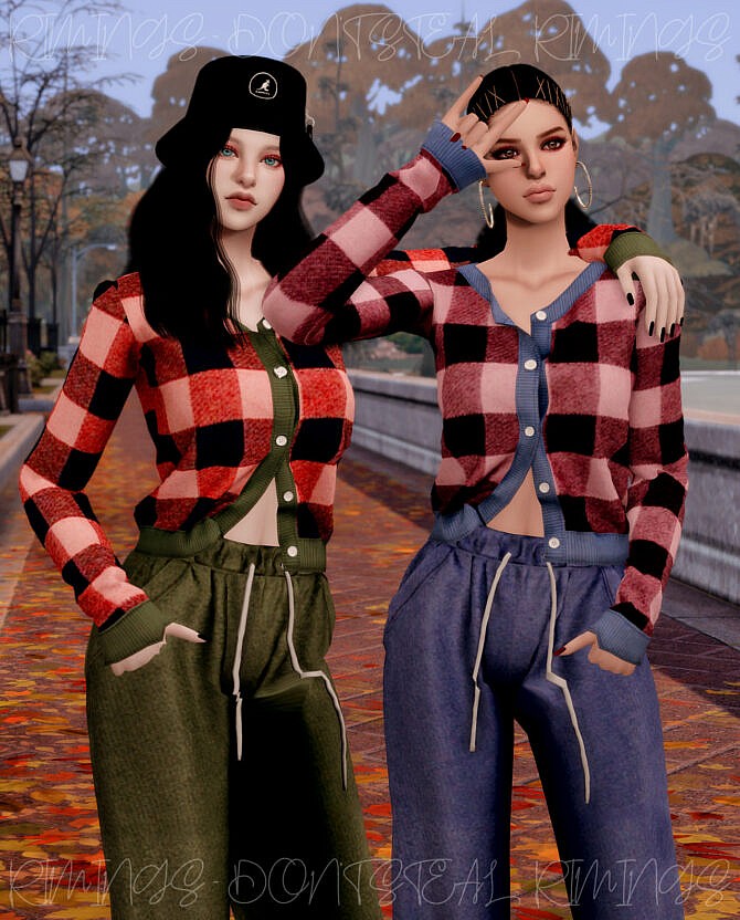 Sims 4 V neck Check Cardigan & Colorful Jogger Pants at RIMINGs