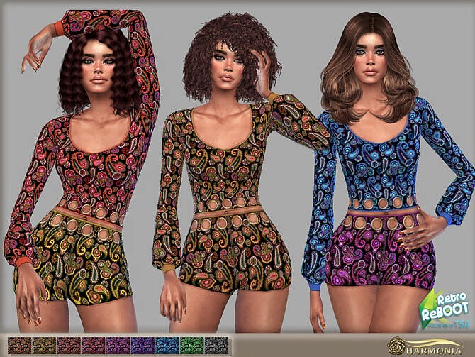 Sims 4 Retro 70s Paisley Crop Top with Metal Rings by Harmonia at TSR