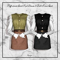 Puff-sleeve Short Kint Blouse & Belt A-line Skirt