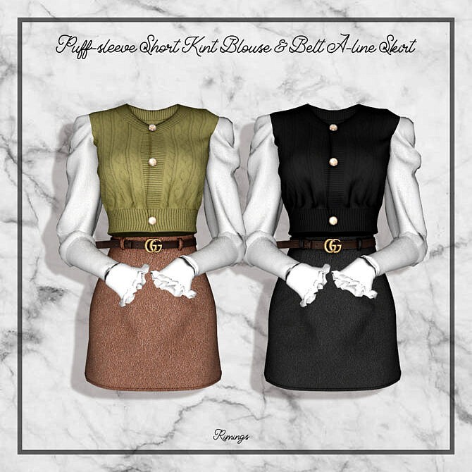 Sims 4 Puff sleeve Short Kint Blouse & Belt A line Skirt at RIMINGs