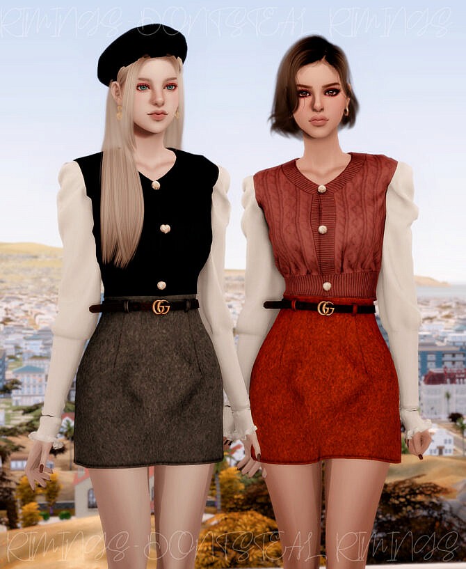 Sims 4 Puff sleeve Short Kint Blouse & Belt A line Skirt at RIMINGs
