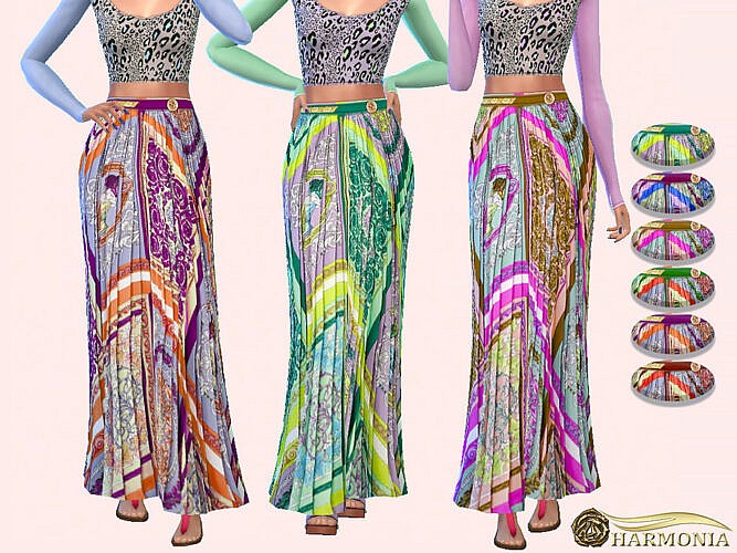 Mosaic Print Pleated Long Skirt By Harmonia