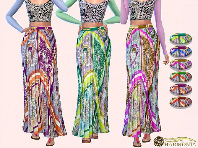 Sims 4 Mosaic Print Pleated Long Skirt by Harmonia at TSR