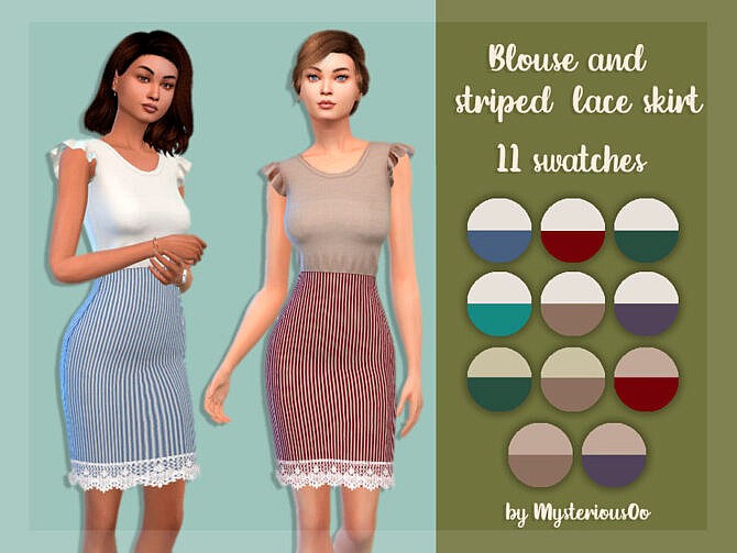 Sims 4 Blouse and striped lace skirt by MysteriousOo at TSR