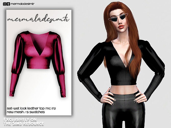Sims 4 Set Wet Look Leather Top MC172 by mermaladesimtr at TSR