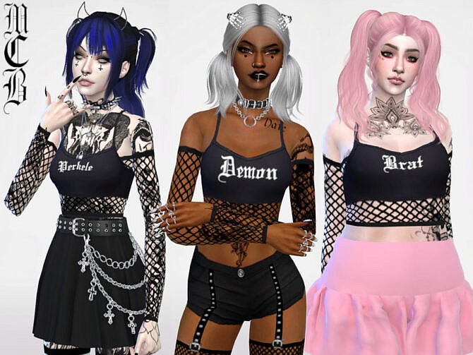 Sims 4 Perkele, Demon and Brat Crop Tops with Fishnet Sleeves by MaruChanBe at TSR