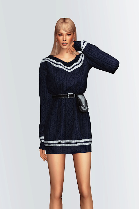 Sims 4 V Neck Sweater Dress with Waist Bag at Gorilla