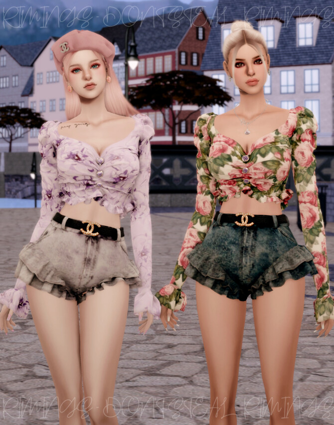 Sims 4 Cubic button Puff Blouse & Belt Frill Shorts at RIMINGs
