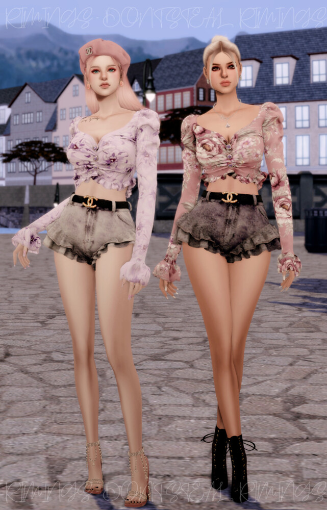 Sims 4 Cubic button Puff Blouse & Belt Frill Shorts at RIMINGs