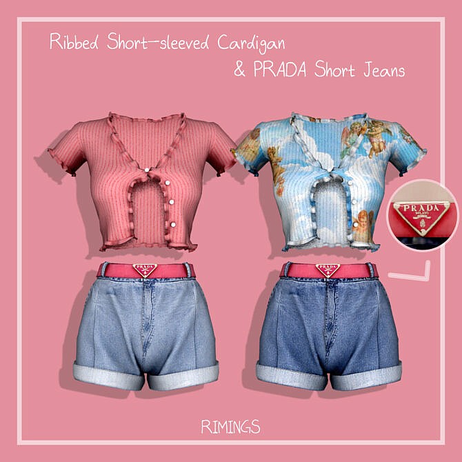 Sims 4 Ribbed Short Sleeve Cardigan & Denim Shorts at RIMINGs