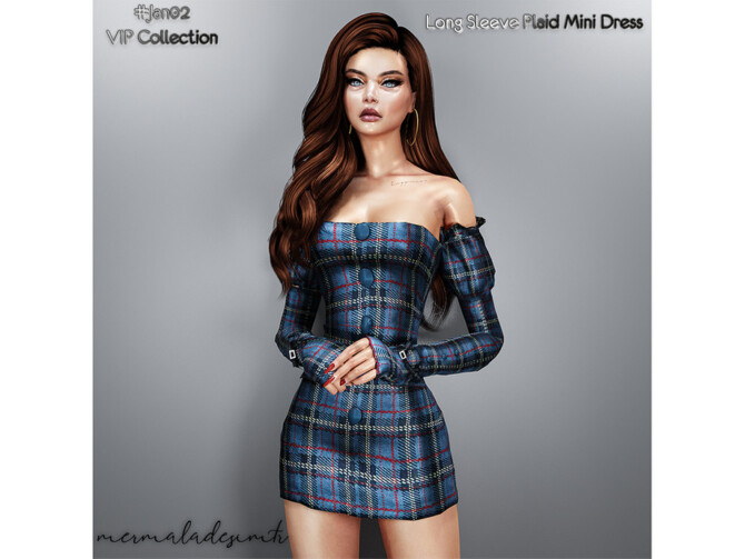 Sims 4 Long Sleeve Plaid Mini Dress by mermaladesimtr at TSR
