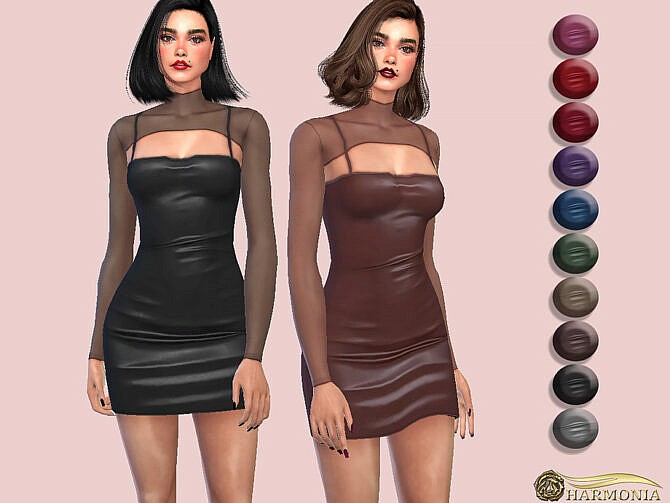Sims 4 Mesh Layer Spaghetti Strap PU Bodycon Dress by Harmonia at TSR