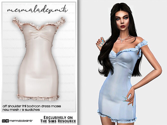 Sims 4 Off Shoulder Frill Hem Bodycon Dress MC198 by mermaladesimtr at TSR