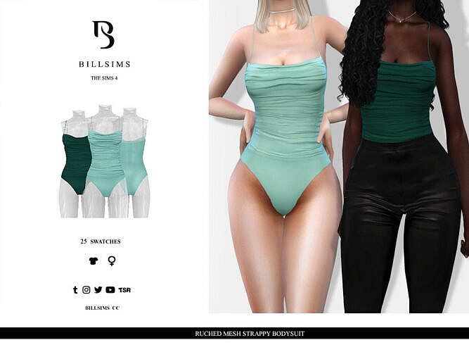 Ruched Mesh Strappy Bodysuit By Bill Sims
