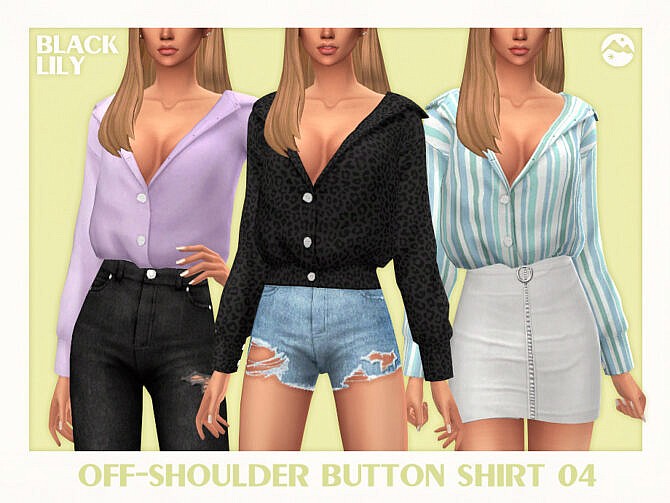 Sims 4 Off Shoulder Button Shirt 04 by Black Lily at TSR