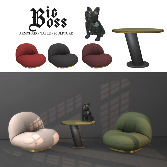 Sims 4 Big Boss Set: armchair, table & sculpture at Leo Sims