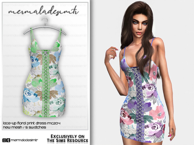 Sims 4 Lace up Floral Print Dress MC204 by mermaladesimtr at TSR