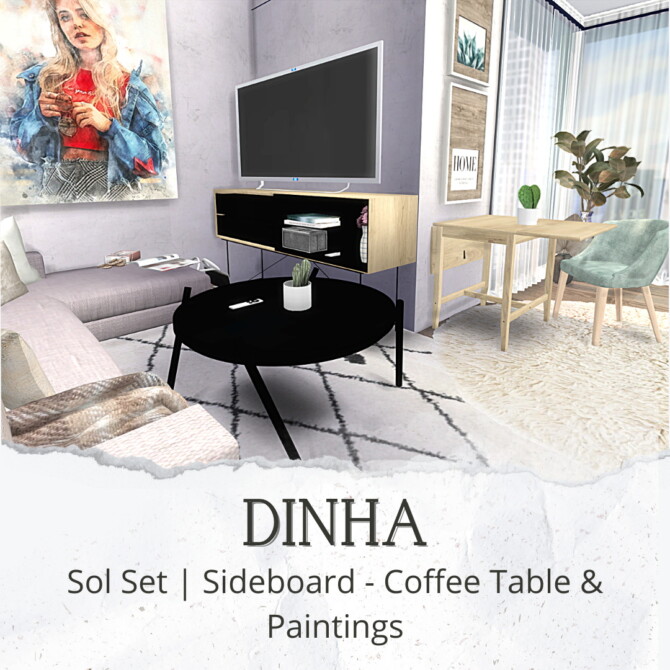 Sims 4 Sol Set: Sideboard, Coffee Table & Paintings (P) at Dinha Gamer