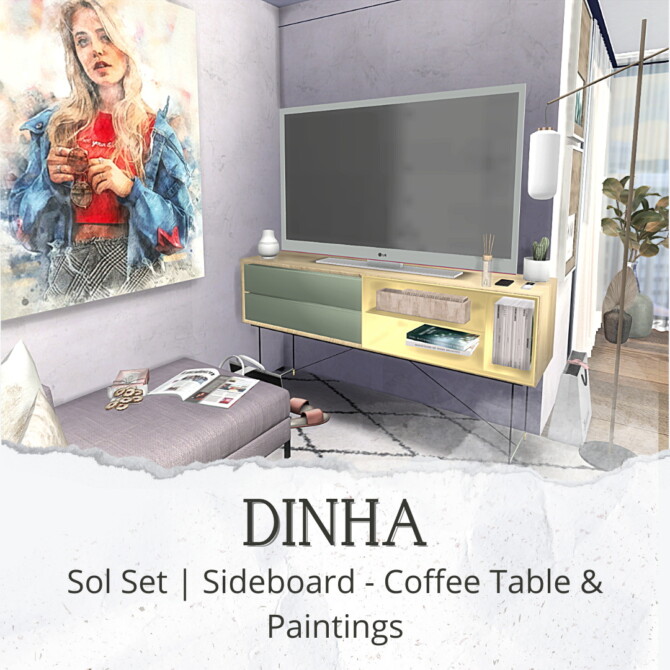 Sims 4 Sol Set: Sideboard, Coffee Table & Paintings (P) at Dinha Gamer