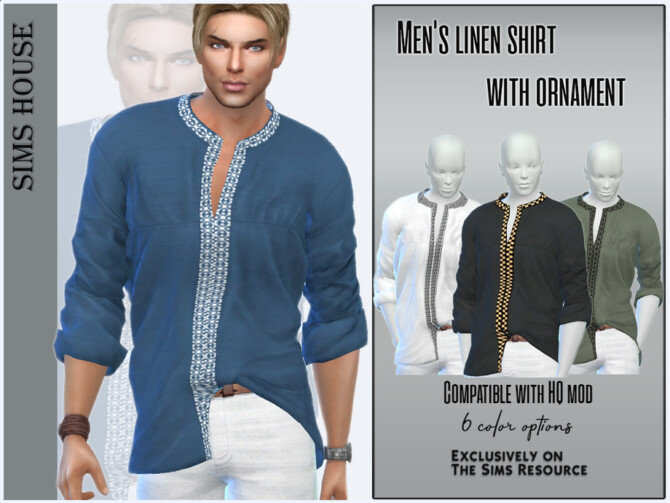 Sims 4 Mens linen shirt with ornament by Sims House at TSR