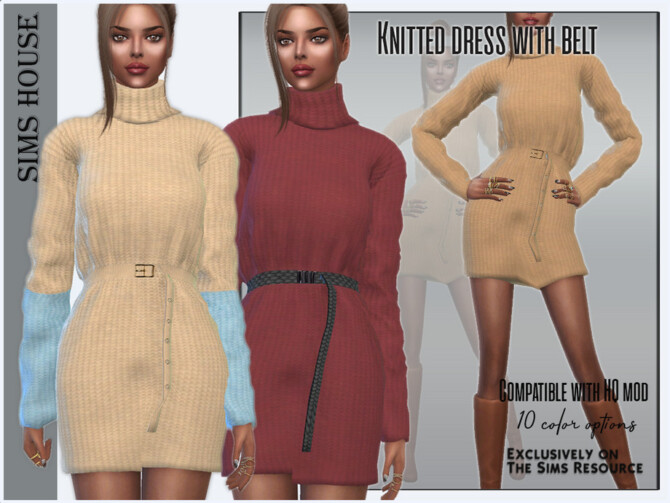 Sims 4 Knitted dress with belt by Sims House at TSR