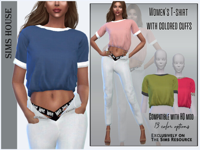 Sims 4 Womens T shirt with colored cuffs by Sims House at TSR