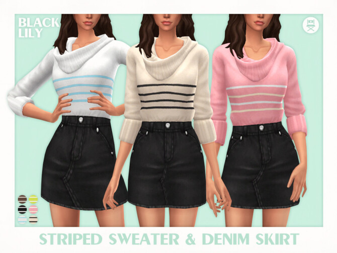 Sims 4 Striped Sweater & Denim Skirt by Black Lily at TSR