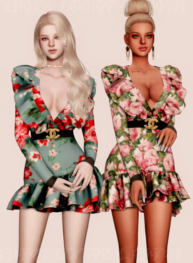 Sims 4 Deep V Neck Floral Frill Dress at RIMINGs