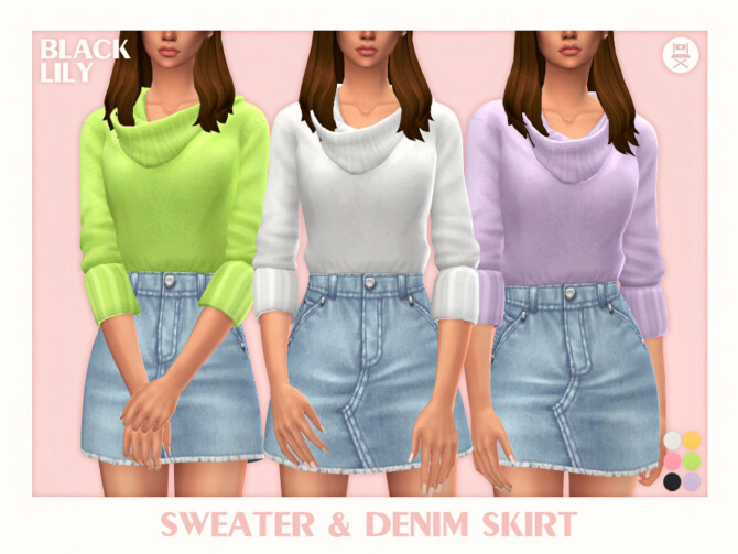 Sims 4 Sweater & Denim Skirt by Black Lily at TSR