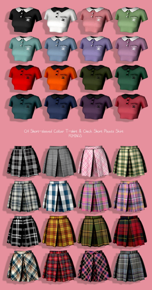 Sims 4 Sleeved Collar T shirt & Check Short Pleats Skirt at RIMINGs