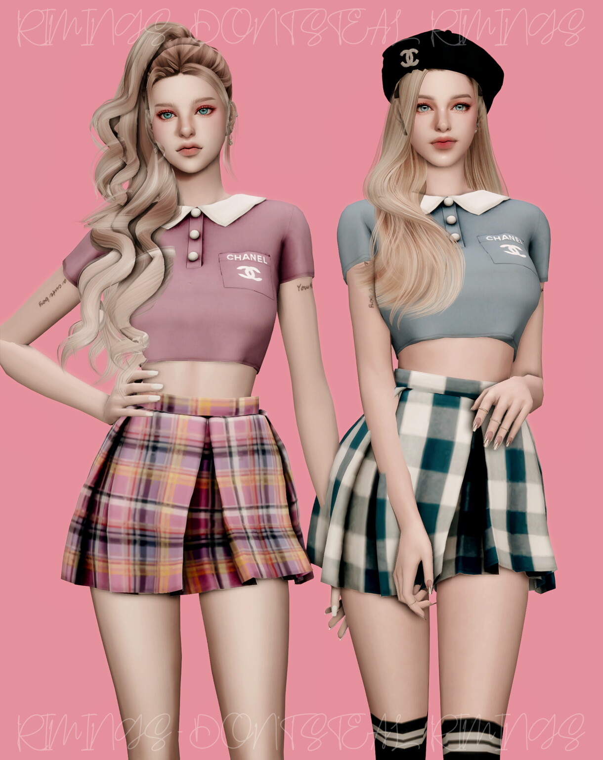 Sleeved Collar T-shirt & Check Short Pleats Skirt at RIMINGs » Sims 4 ...