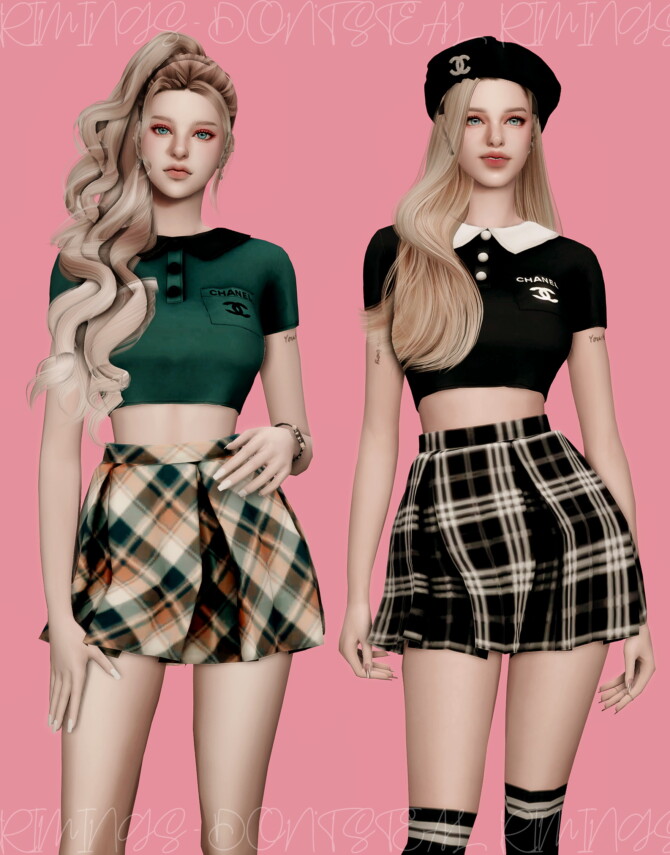 Sleeved Collar T-shirt & Check Short Pleats Skirt at RIMINGs » Sims 4 ...