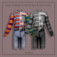 Stripe Knitwear & Belt & Short Jeans
