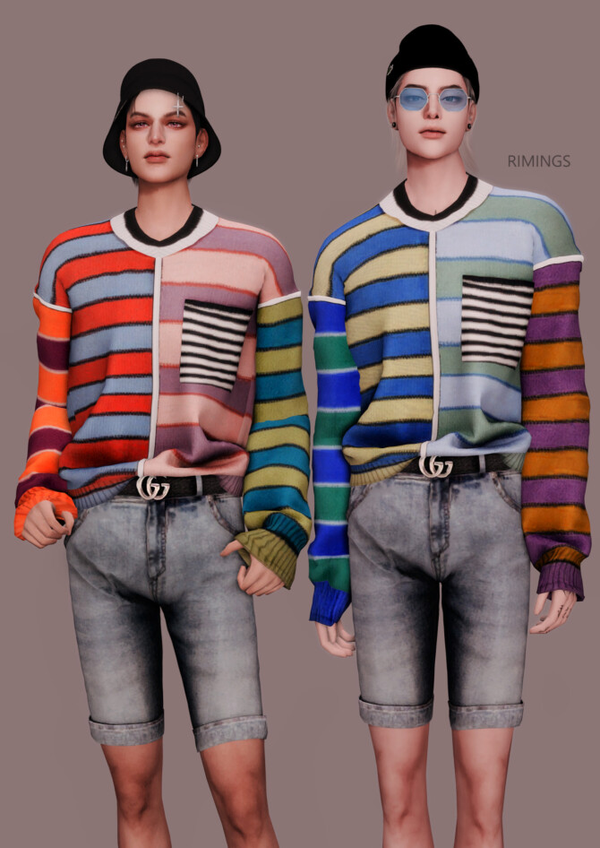 Sims 4 Stripe Knitwear & Belt & Short Jeans at RIMINGs