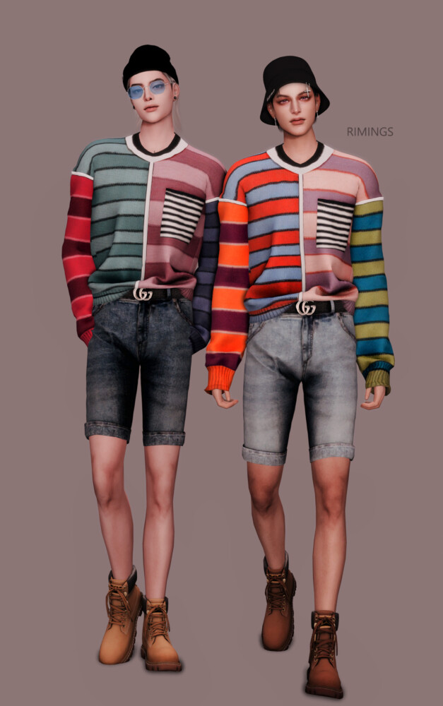 Sims 4 Stripe Knitwear & Belt & Short Jeans at RIMINGs