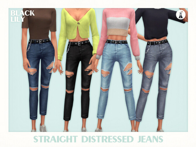 Sims 4 Straight Distressed Jeans by Black Lily at TSR