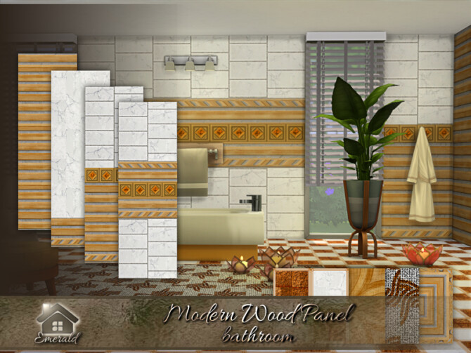 Sims 4 Modern Wood Panel bathroom by emerald at TSR