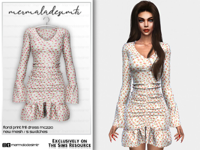 Sims 4 Floral Print Frill Dress MC220 by mermaladesimtr at TSR