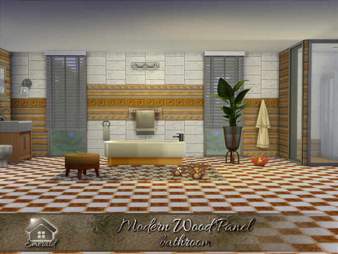 Sims 4 Modern Wood Panel bathroom by emerald at TSR