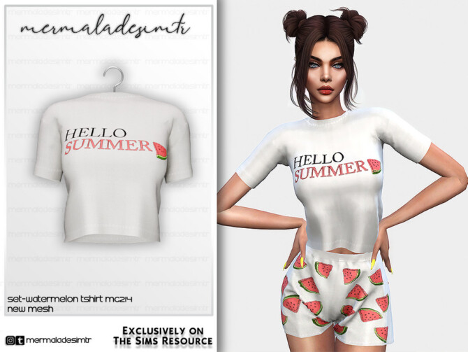 Sims 4 Pyjamas Set Watermelon T shirt MC214 by mermaladesimtr at TSR