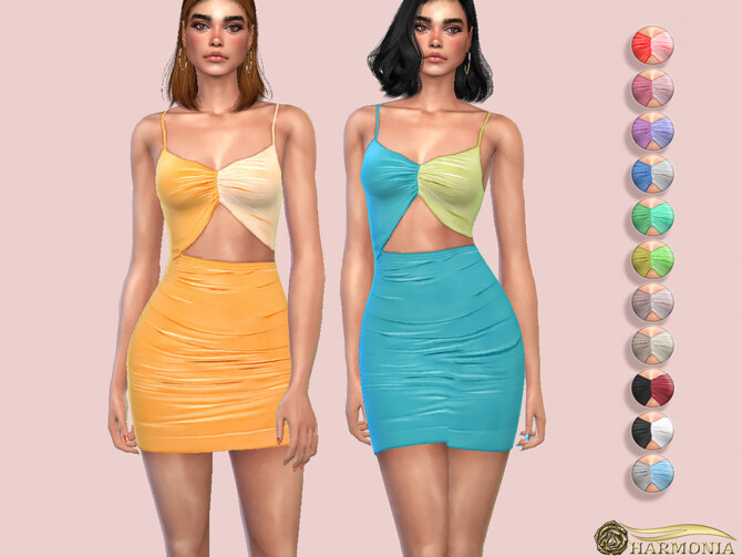 Sims 4 Slinky Ruched Contrast Detail Cut Out Dress by Harmonia at TSR