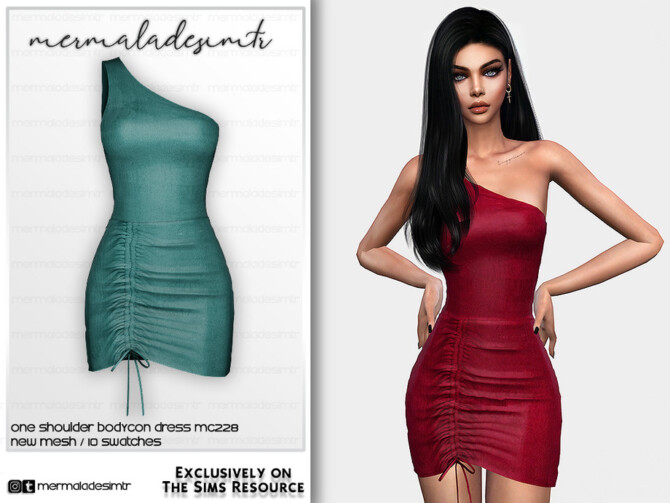 Sims 4 One Shoulder Bodycon Dress MC228 by mermaladesimtr at TSR